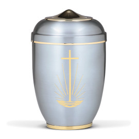 Stahlurne, ZIHESTA, Goldb., Kreuz/Flamme Haube und Fuß Mess poliert