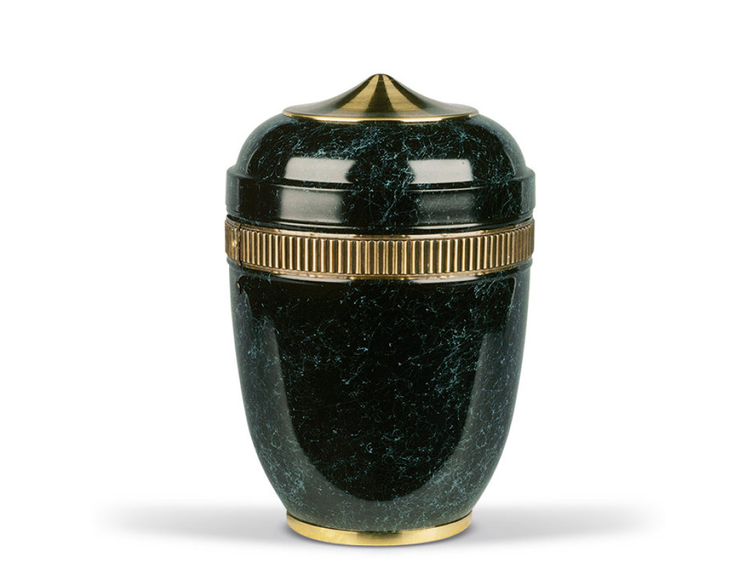 Stahlurne, Grün patiniert, Mess.Zierband Haube und Fuß Mess poliert