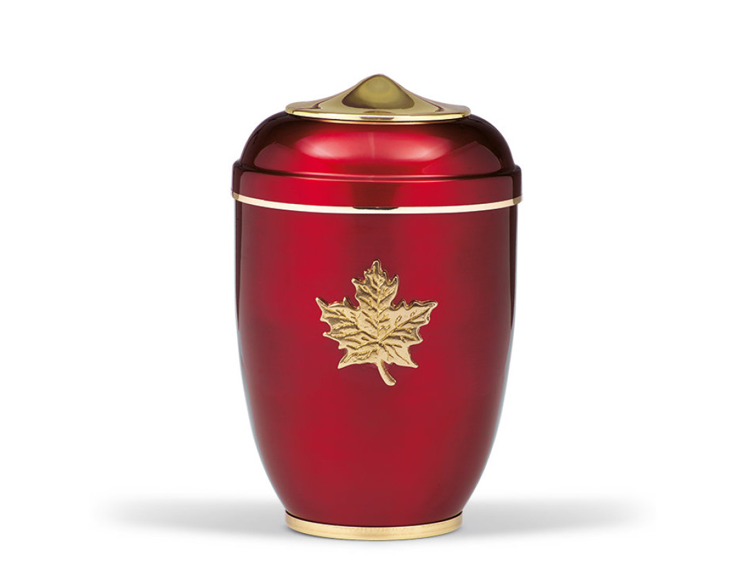 Stahlurne, Weinrot, Mess. Ahornblatt, Haube u. Fuß MS pol. Goldband