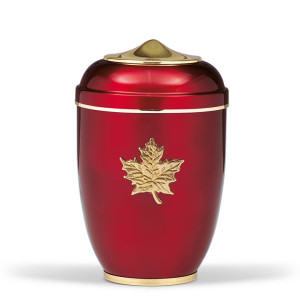 Stahlurne, Weinrot, Mess. Ahornblatt, Haube u. Fuß MS pol. Goldband