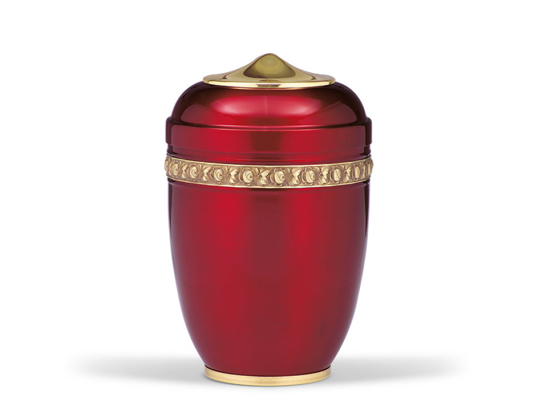 Stahlurne, Weinrot, Mess. Rosenband, Haube und Fuß MS pol.