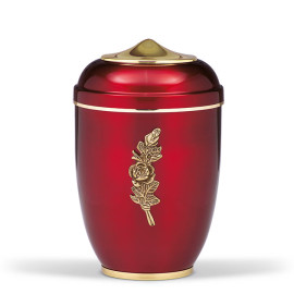 Stahlurne, Weinrot, Mess. Rosenbund, Haube u. Fuß MS pol. Goldband