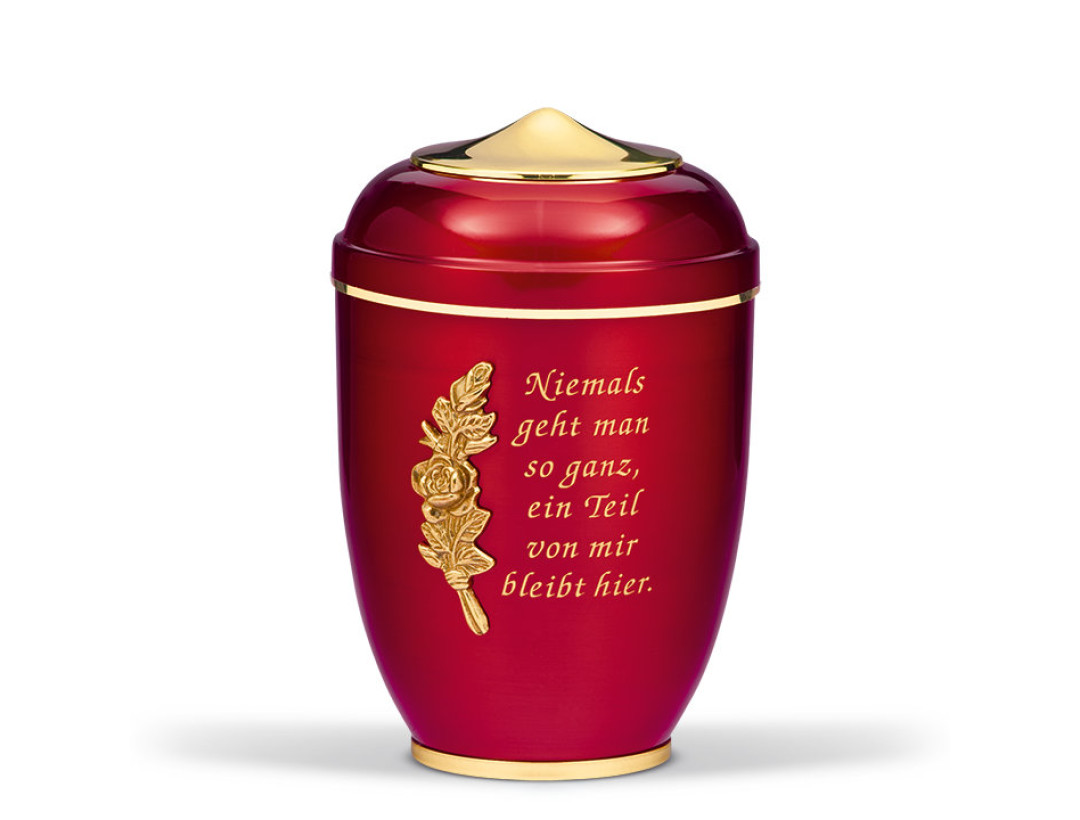 Stahlurne, Weinrot, Trauertext 4 Rosenbund, Haube u. Fuß MS pol. Goldband