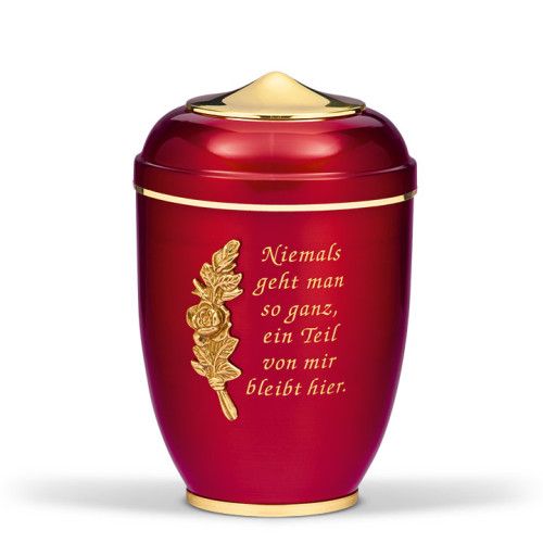 Die weinrote Stahlurne hat eine goldene Haube und Fuß, einen goldenen Schriftzug sowie ein Rosenbund-Relief und zeigt eine Gesamtansicht.