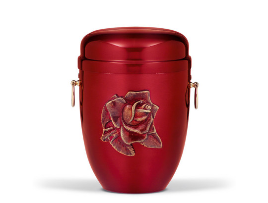 Stahlurne, Weinrot, Massiv Rose Weinrot-Gold patiniert MS-Zieringe