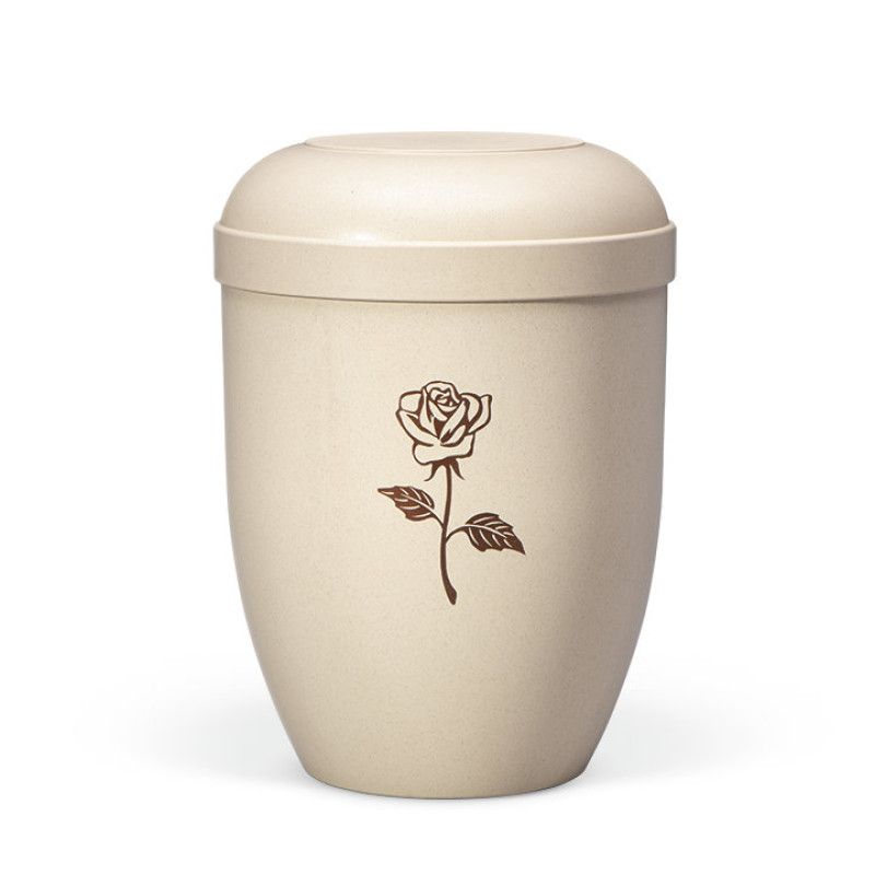 Naturstoffurne, Naturbelassen Beigefarbig, Braun bedruckt Dekor Rose