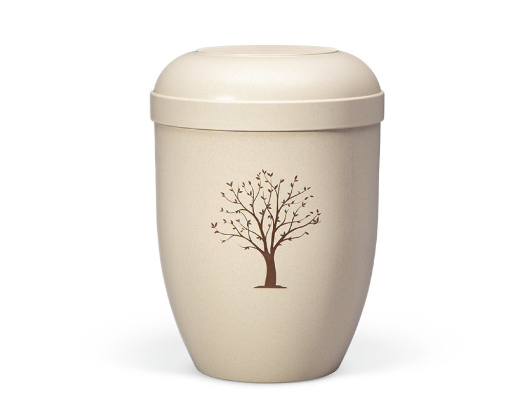 Naturstoffurne, Naturbelassen Beigefarbig, Braun bedruckt Dekor Baum