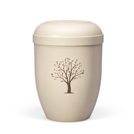 Naturstoffurne, Naturbelassen Beigefarbig, Braun bedruckt Dekor Baum