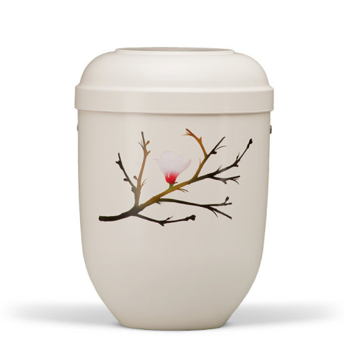 Naturstoffurne in cremeweiß mit einem Airbrush-Motiv einer Blüte und Ästen, Gesamtansicht, runde Form mit abgerundetem Deckel.