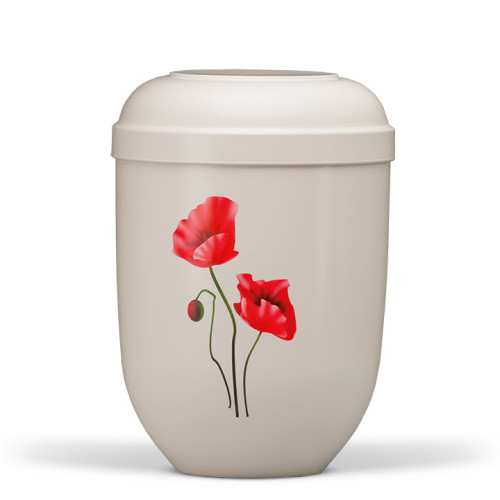 Cremeweiße Naturstoffurne mit Airbrush-Motiv von Mohnblumen in Rot, runde Form und geschlossene Oberseite, Gesamtansicht.