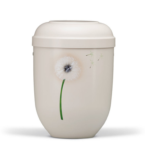 Cremeweiße Naturstoffurne mit Airbrush-Motiv einer Pusteblume und grüner Stängel, Gesamtansicht ohne Dekoration.