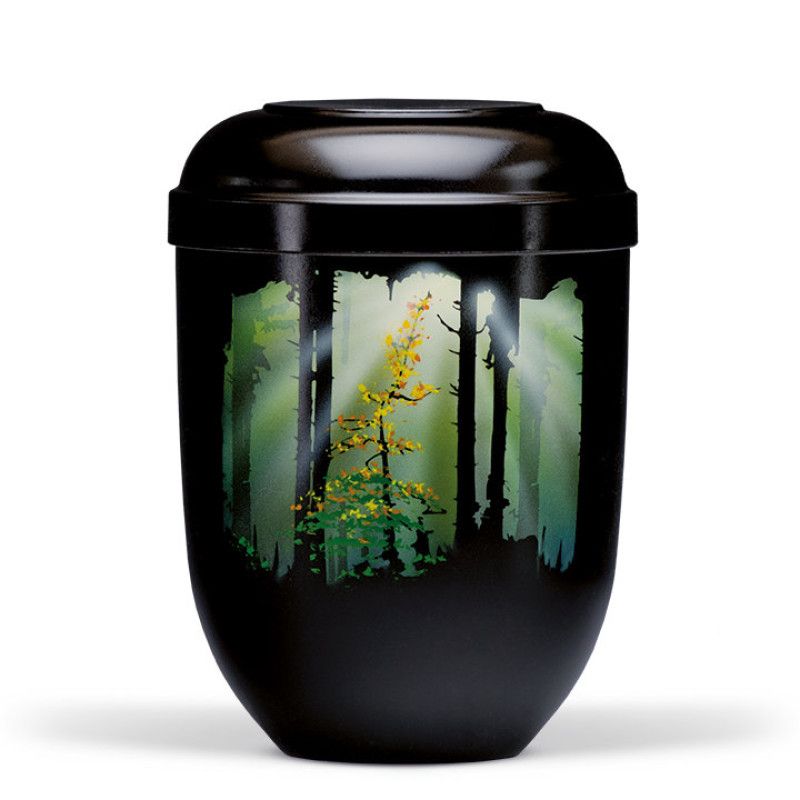 Naturstoffurne in Schwarz mit Airbrush-Motiv einer Waldlichtung, ovaler Form und glänzender Oberfläche, Gesamtansicht des Produkts.