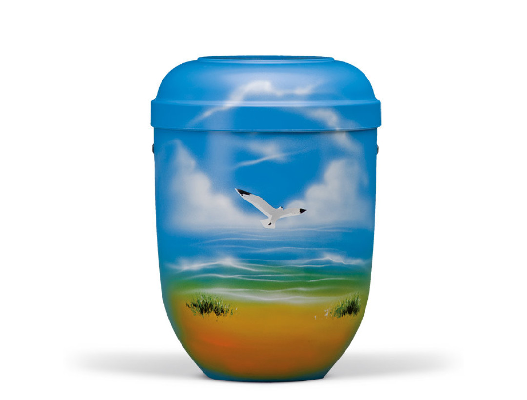 Naturstoffurne, Himmelblau, Airbrush Motiv: Möwe