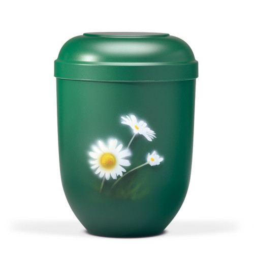 Eine grüne Naturstoffurne aus Kiefer mit einer matten Oberfläche und einem Airbrush-Motiv von Margeriten, Gesamtansicht mit abgerundetem Deckel.