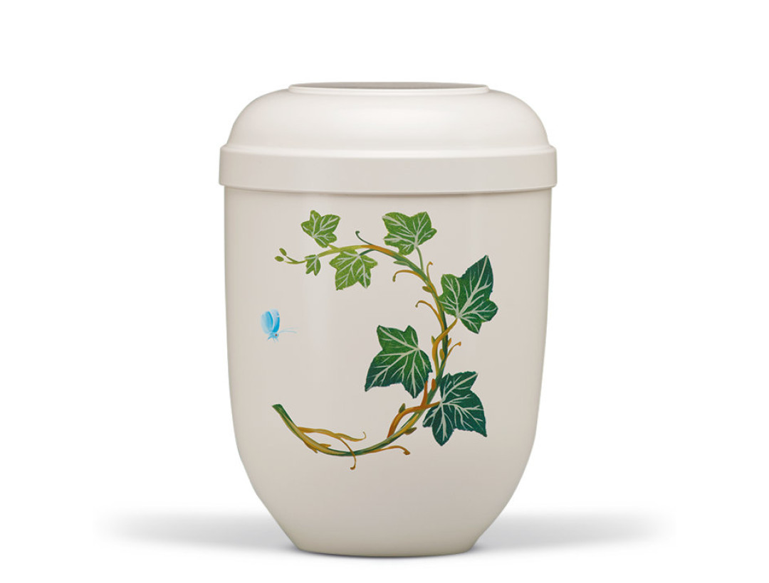 Naturstoffurne, Cremeweiß, Handbemalt, Motiv: Efeu