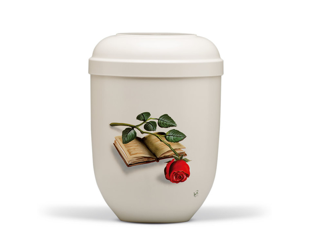 Naturstoffurne, Cremeweiß, Handbemalt, Motiv: Buch mit Rose