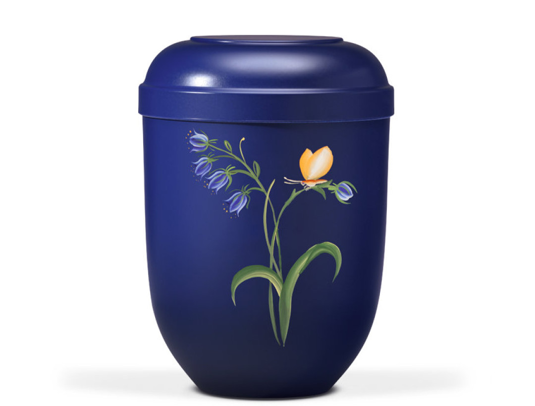 Naturstoffurne, Nacht Blau Handbemalt, Glockenblume mit Falter