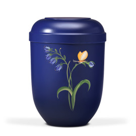 Naturstoffurne, Nacht Blau Handbemalt, Glockenblume mit Falter