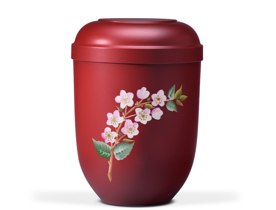 Naturstoffurne, Weinrot Matt, Handbemalt, Kirschblüten
