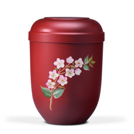 Naturstoffurne, Weinrot Matt, Handbemalt, Kirschblüten