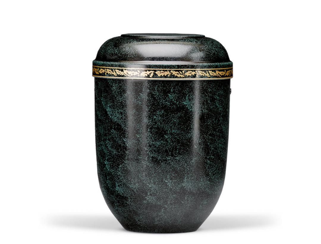 Naturstoffurne, Schwarz, Grün patiniert, Eichenlaubband