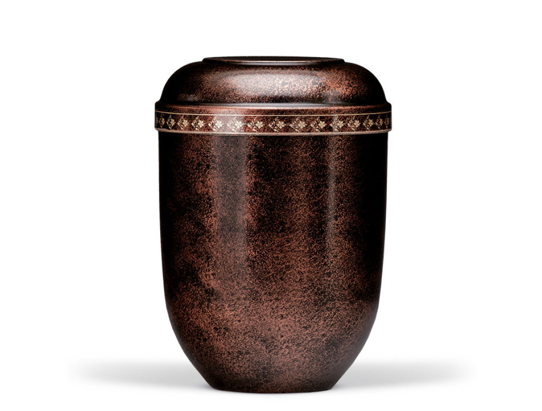 Naturstoffurne, Schwarz, Kupfer patiniert, Dekorblätter