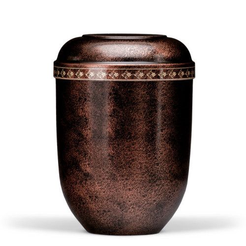 Naturstoffurne in Schwarz mit patiniertem Kupfer, verziert mit Dekorblättern, in einer Gesamtansicht, die die runde Form und den glänzenden Oberflächenfinish zeigt.
