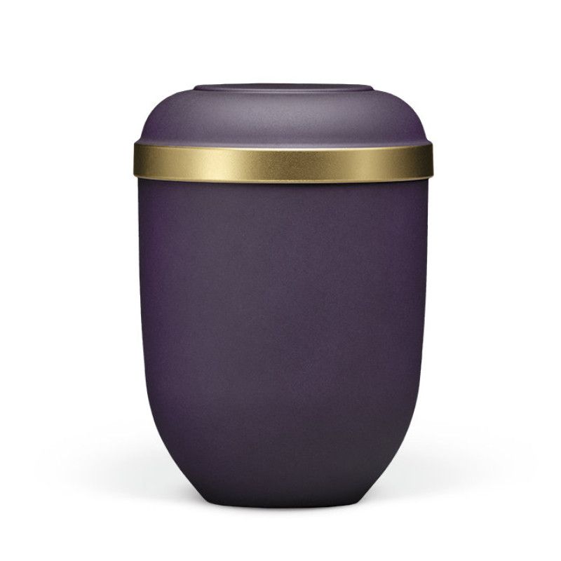 Die violette Naturstoffurne aus Velours hat eine runde Form und einen goldenen Rand, sichtbar in einer Gesamtansicht.