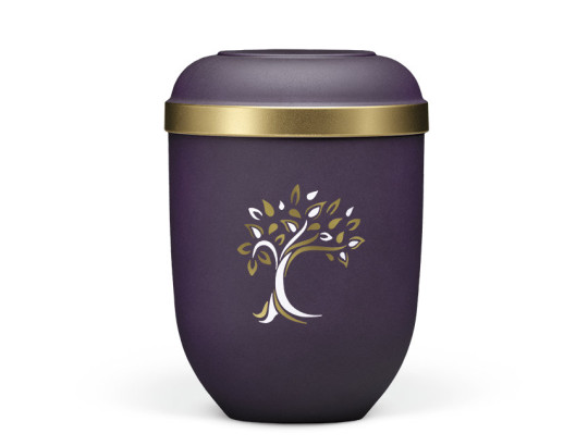 Naturstoffurne, Violett Velours, Goldrand, Baum ART-Dekor gold/weiß