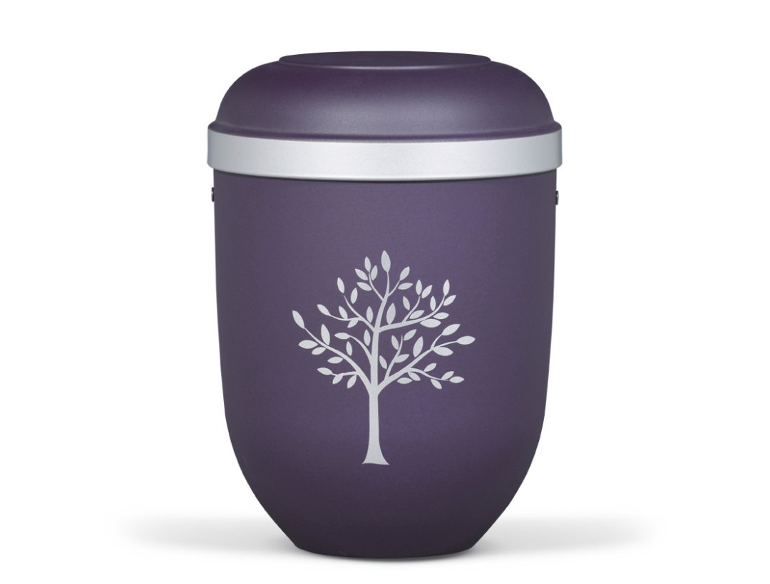 Naturstoffurne, Violett Velours, Silberrand, Moderner Baum Silber
