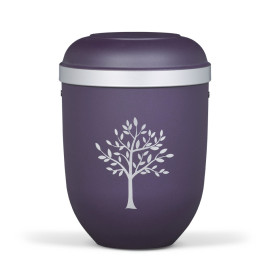 Naturstoffurne, Violett Velours, Silberrand, Moderner Baum Silber