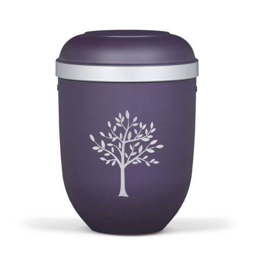 Naturstoffurne in violettem Velours mit einem silbernen Rand und einem modernen Baum-Motiv in Silber, Gesamtansicht der Urne.