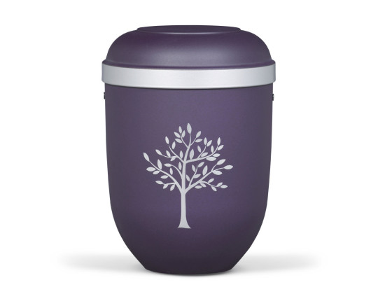 Naturstoffurne, Violett Velours, Silberrand, Moderner Baum Silber