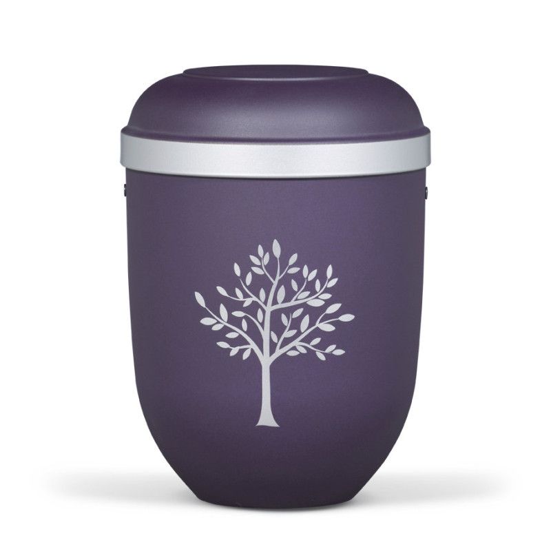 Naturstoffurne in violettem Velours mit einem silbernen Rand und einem modernen Baum-Motiv in Silber, Gesamtansicht der Urne.