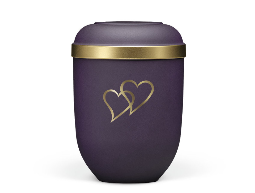 Naturstoffurne, Violett Velours, Goldrand, Dekor Herzen in Gold