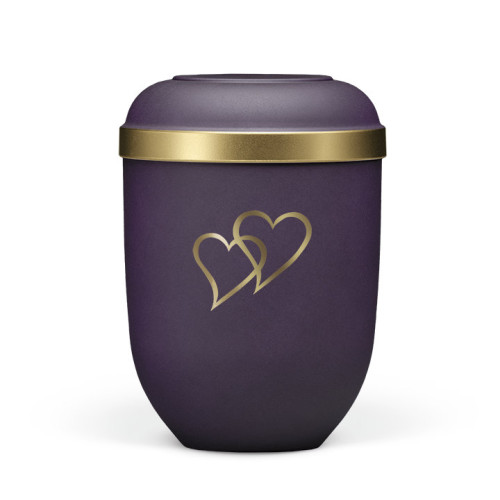 Violette Naturstoffurne mit goldfarbener Randverzierung und zwei goldenen Herzen, in runder Form und Gesamtansicht.