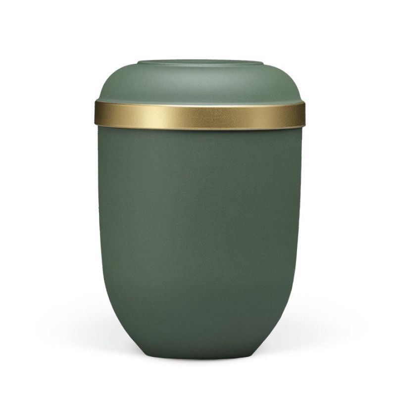 Naturstoffurne in olivgrünem Velours mit einem goldenen Rand, in einer Gesamtansicht, mit sanft geschwungener Form und mattem Finish.