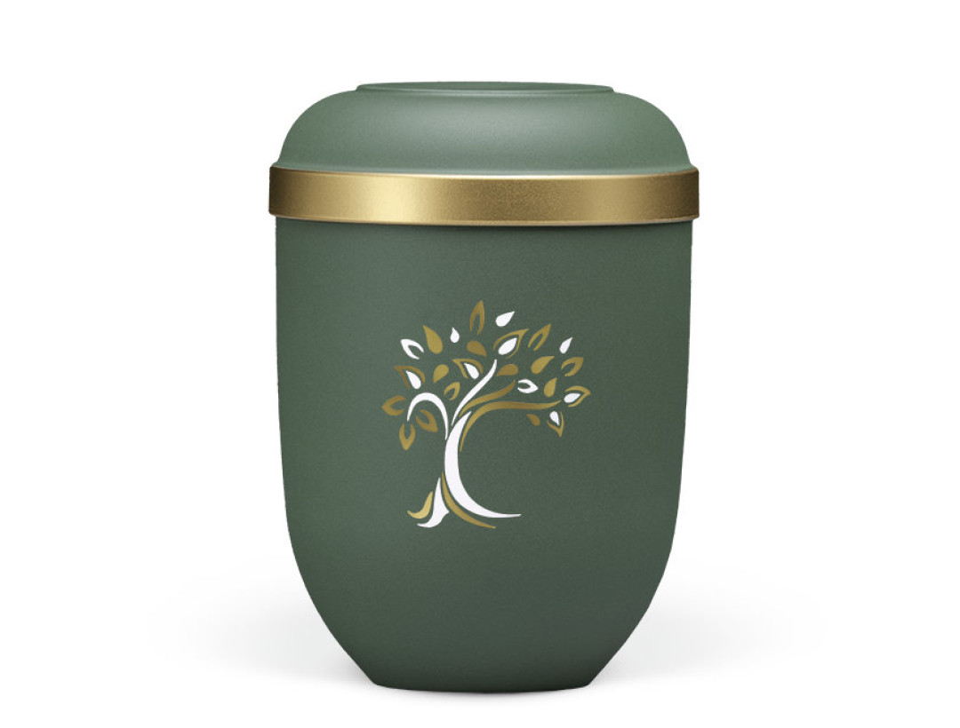 Naturstoffurne, Olivegrün- Velours, Baum ART-Dekor gold/weiß