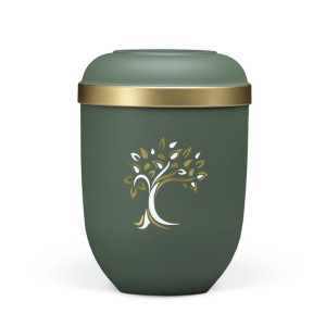 Naturstoffurne, Olivegrün- Velours, Baum ART-Dekor gold/weiß