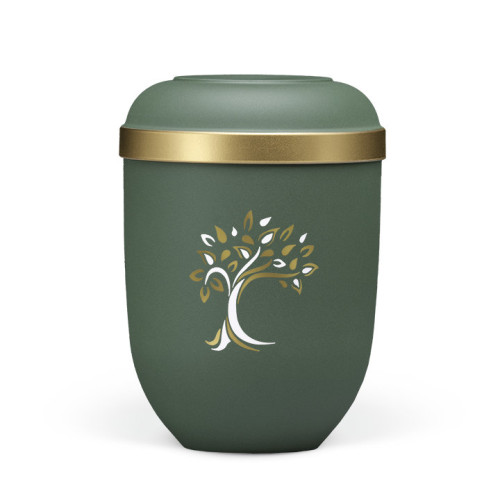 Die olivegrüne Velours-Naturstoffurne hat eine runde Form, einen goldenen Rand und zeigt ein weißes Baum-Dekor mit goldenen Blättern.