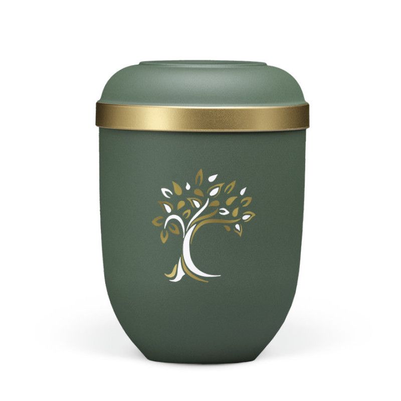 Die olivegrüne Velours-Naturstoffurne hat eine runde Form, einen goldenen Rand und zeigt ein weißes Baum-Dekor mit goldenen Blättern.