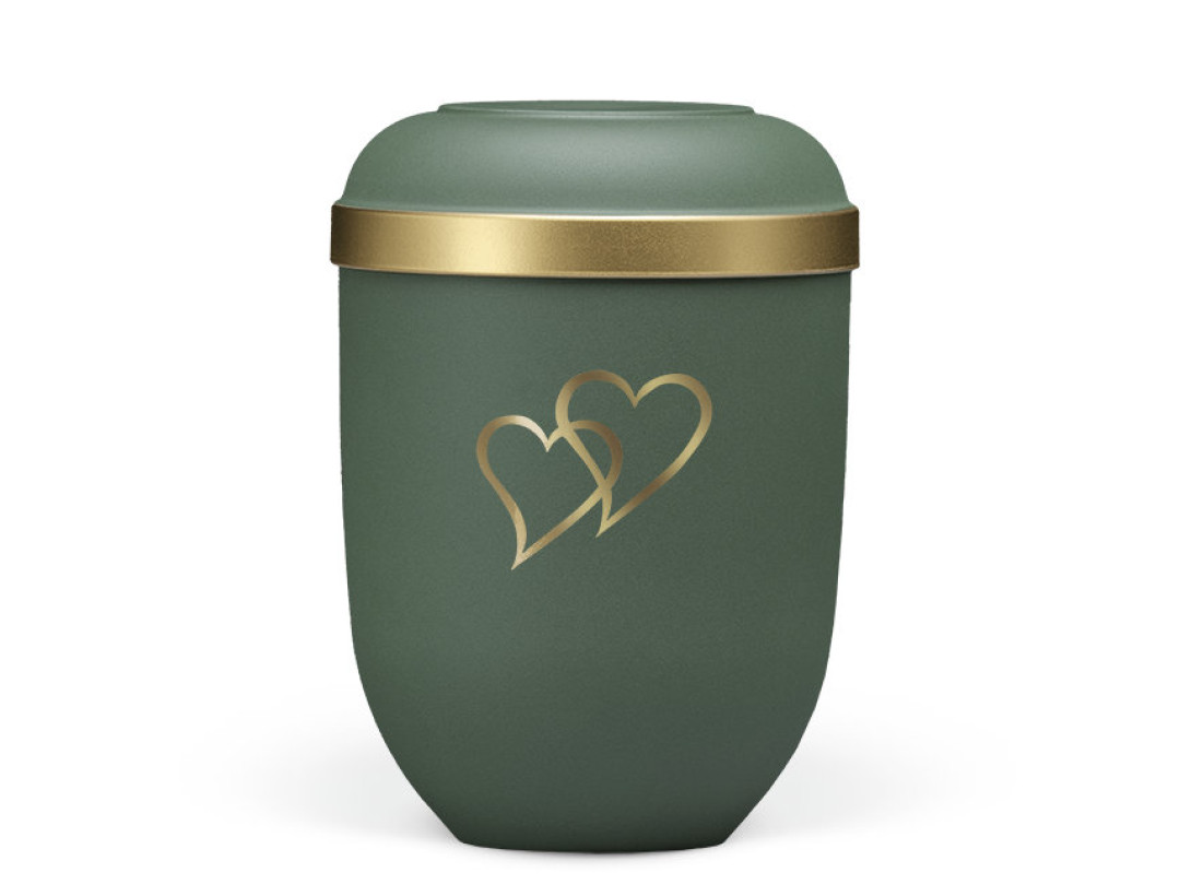 Naturstoffurne, Olivegrün- Velours, Dekor Herzen, Goldrand