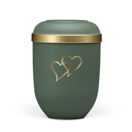 Naturstoffurne, Olivegrün- Velours, Dekor Herzen, Goldrand