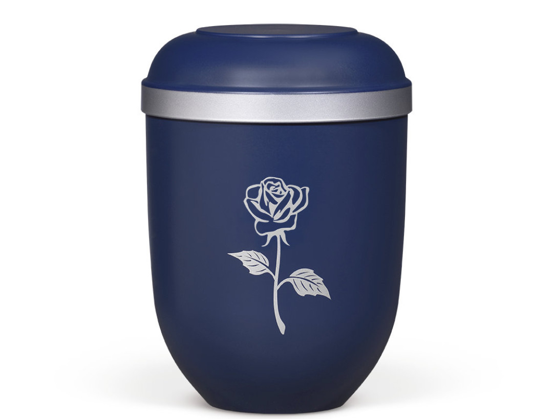 Naturstoffurne, Nacht Blau, Silberrand, Moderne Rose silber
