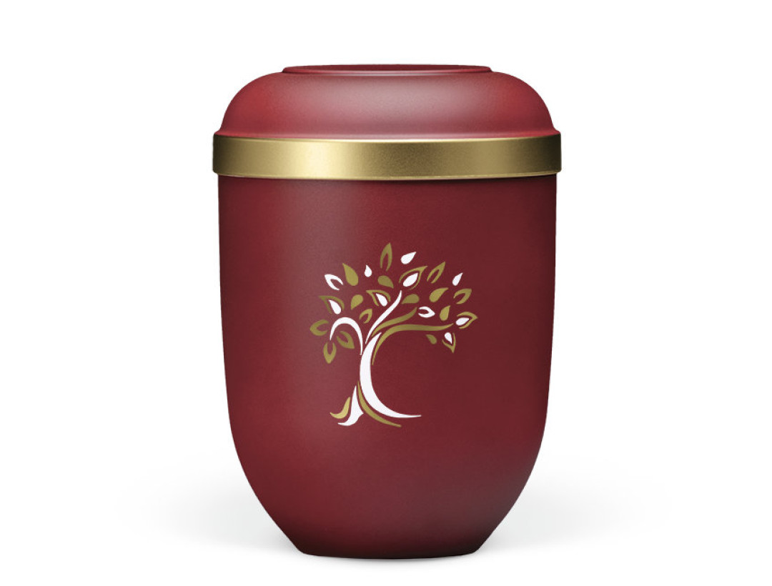 Naturstoffurne, Weinrot Velours, Goldrand, Baum ART-Dekor gold/weiß