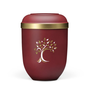 Naturstoffurne, Weinrot Velours, Goldrand, Baum ART-Dekor gold/weiß