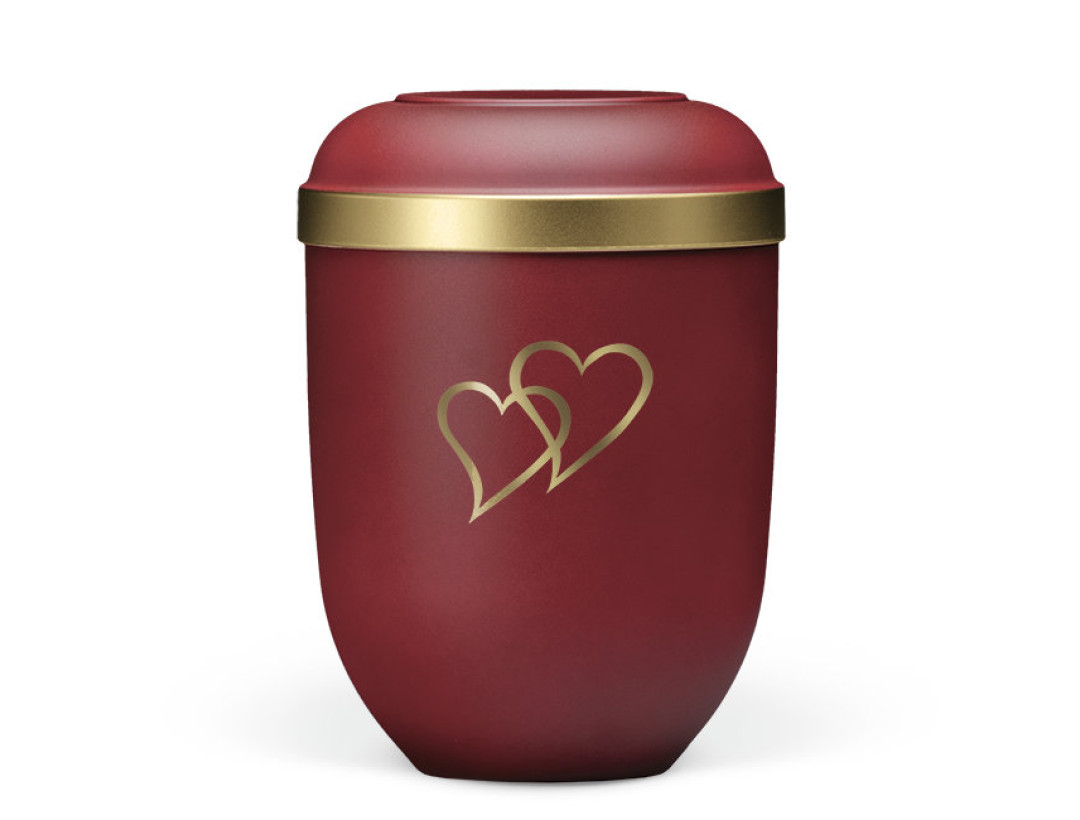 Naturstoffurne, Weinrot Velours, Goldrand, Dekor Herzen