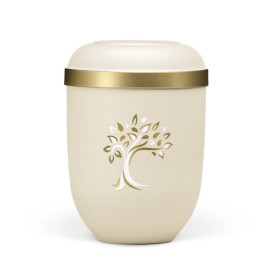 Naturstoffurne, Hell Beige Velours, Goldrand, Baum ART-Dekor Baum gold/weiß