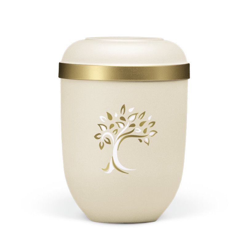 Naturstoffurne in hellbeige Velours mit goldfarbenem Rand und einem Baum-Motiv in Gold und Weiß, Gesamtansicht.