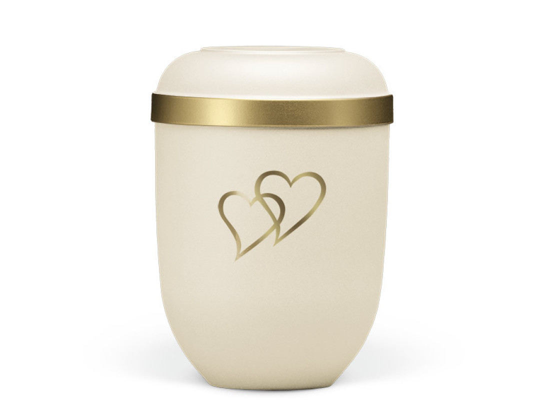 Naturstoffurne, Hell Beige Velours, Goldrand, Dekor Herzen